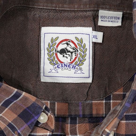 Cinch Shirt Mens XL Brown Purple Plaid Button Down Western Long Sleeve Cotton - Picture 4 of 8